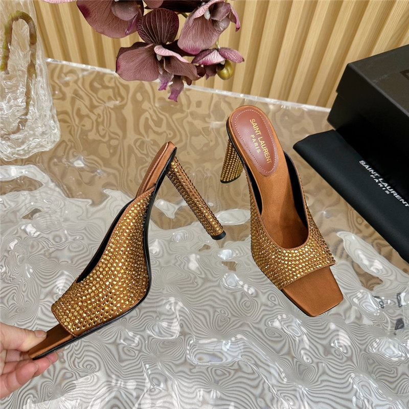 Sa1nt Lau*nt sept satin mules in  noisette satin and rhinestones