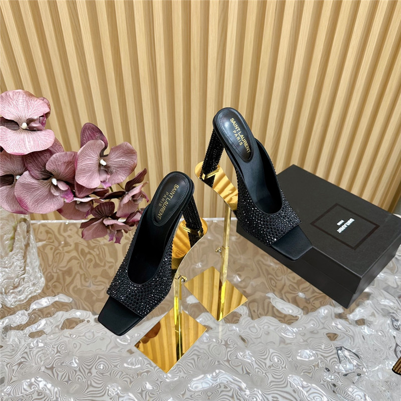 Sa1nt Lau*nt sept satin mules with rhinestones in black