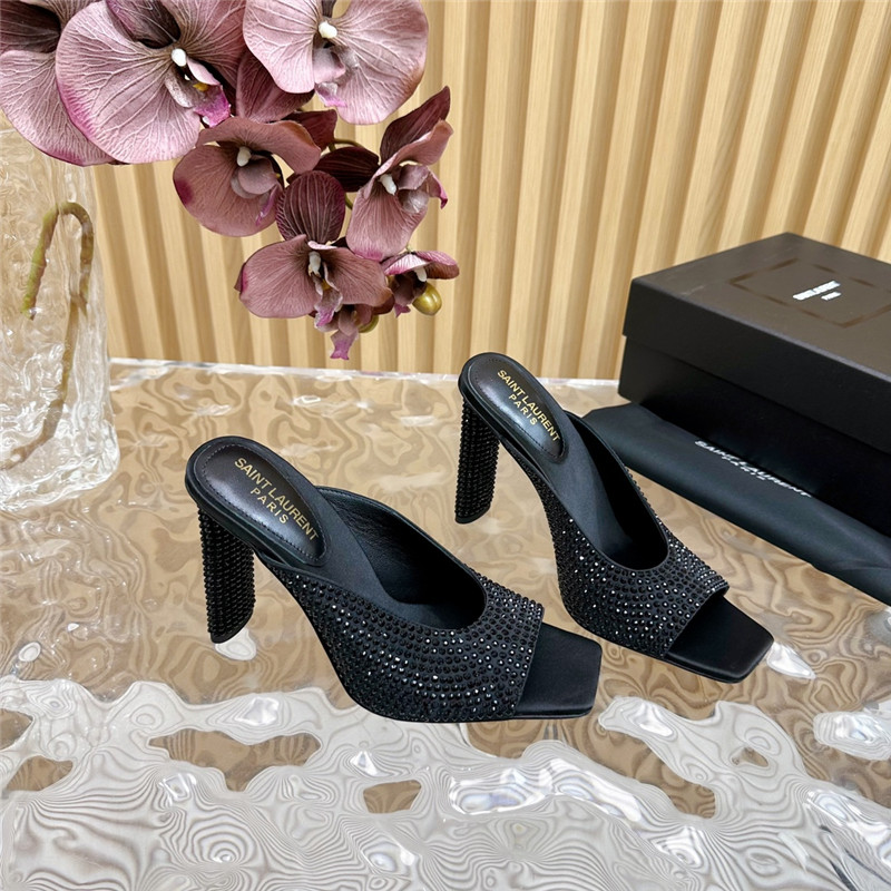 Sa1nt Lau*nt sept satin mules with rhinestones in black