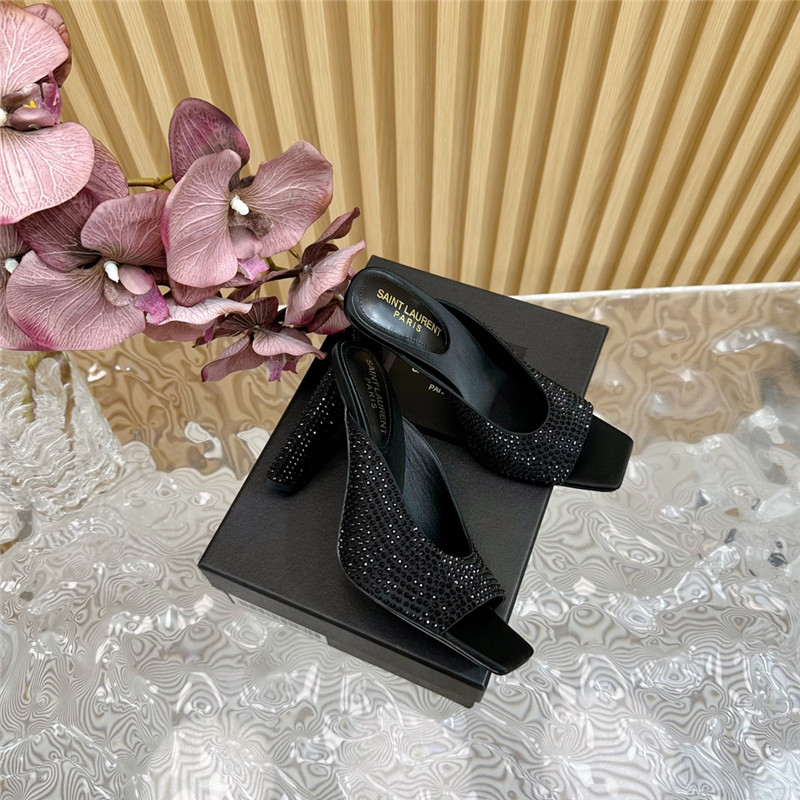Sa1nt Lau*nt sept satin mules with rhinestones in black