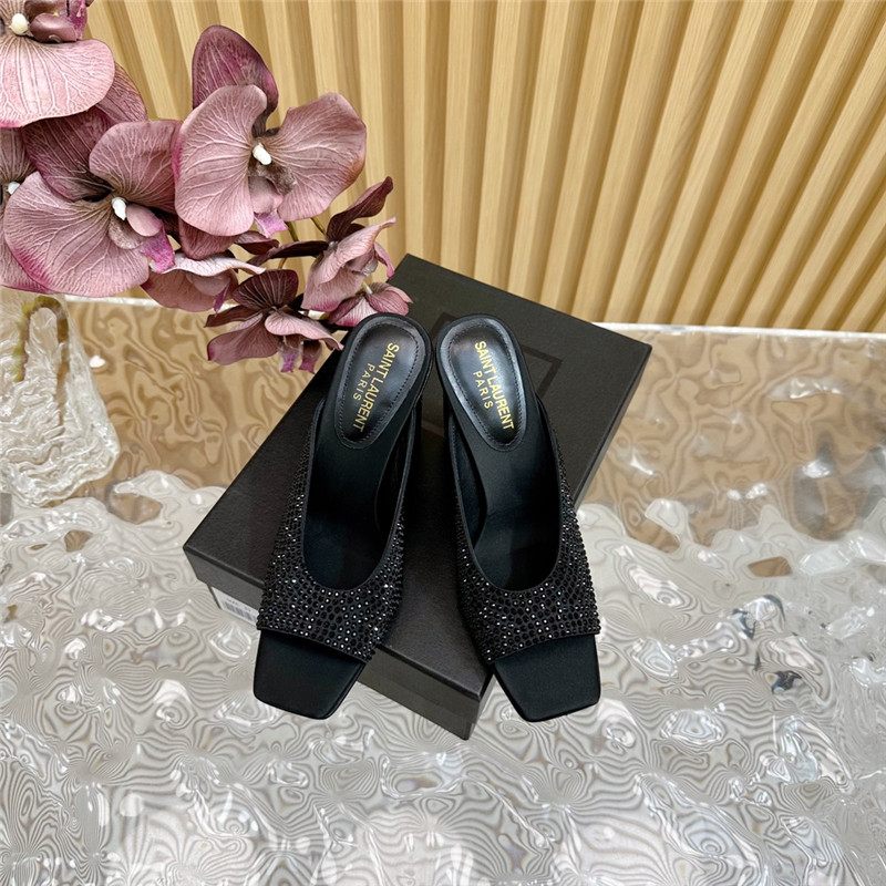 Sa1nt Lau*nt sept satin mules with rhinestones in black