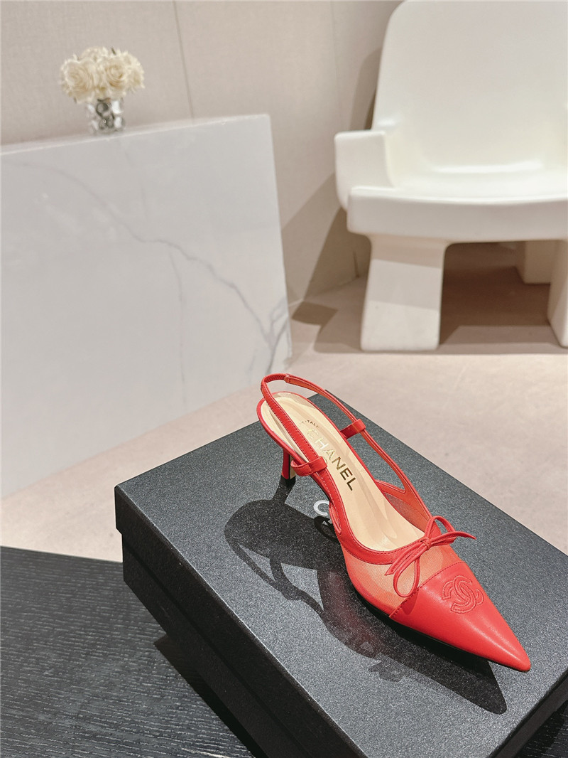 Ch**el red mesh bowknot pointed slingback pumps