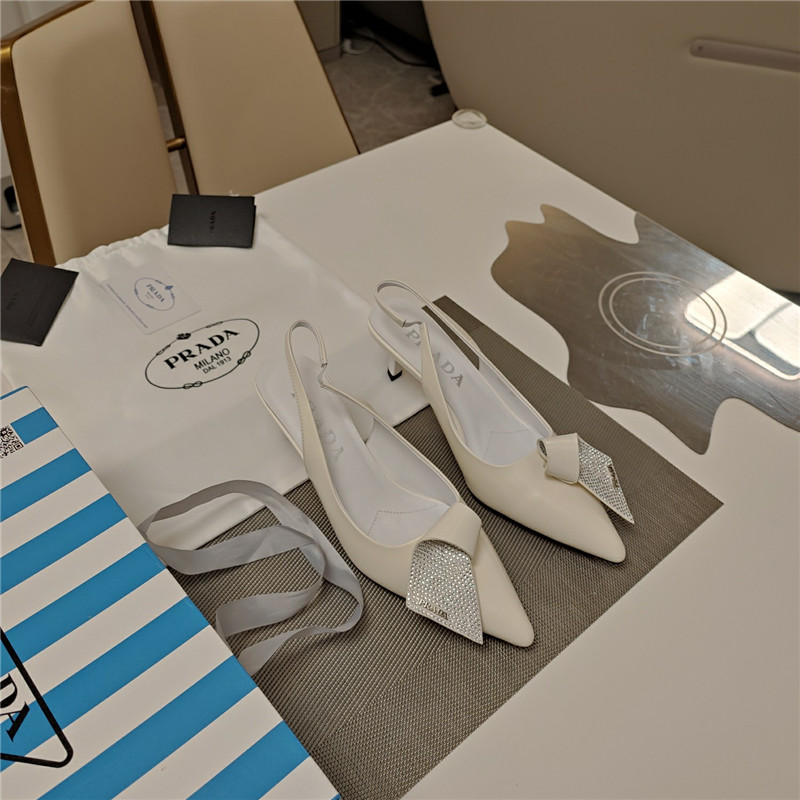 Pra*a bowknot crystal white leather slingback pumps