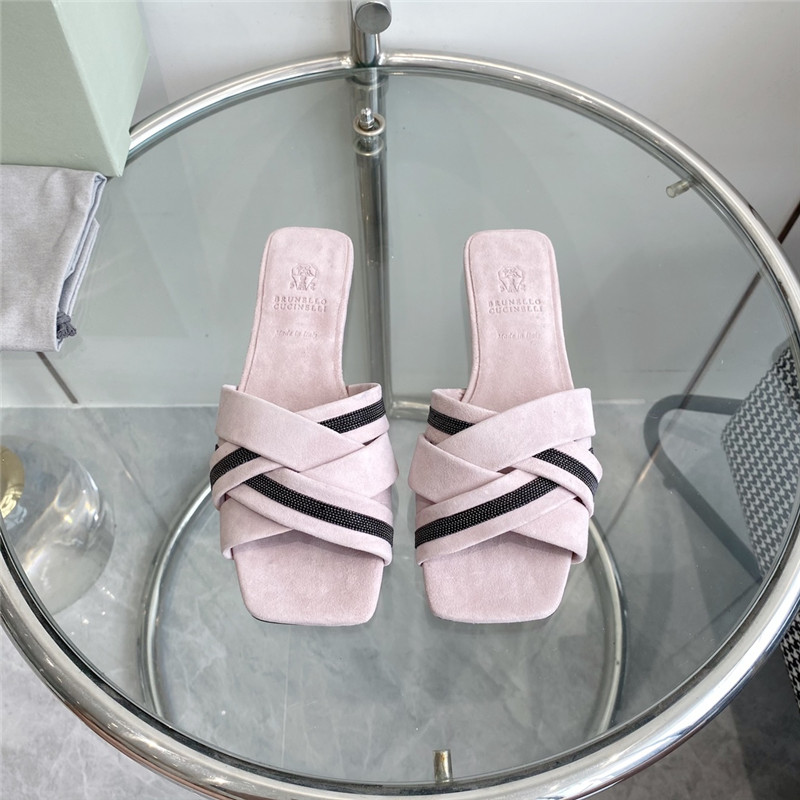 Brunello Cucinelli Beaded Crisscross Slides Neutral Suede