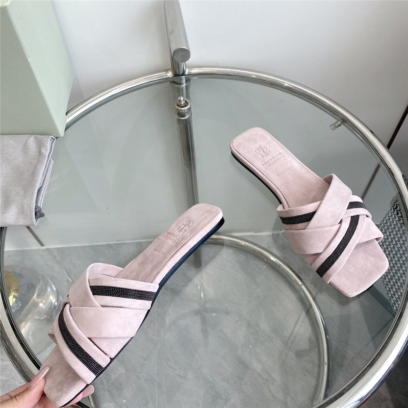 Brunello Cucinelli Beaded Crisscross Slides Neutral Suede