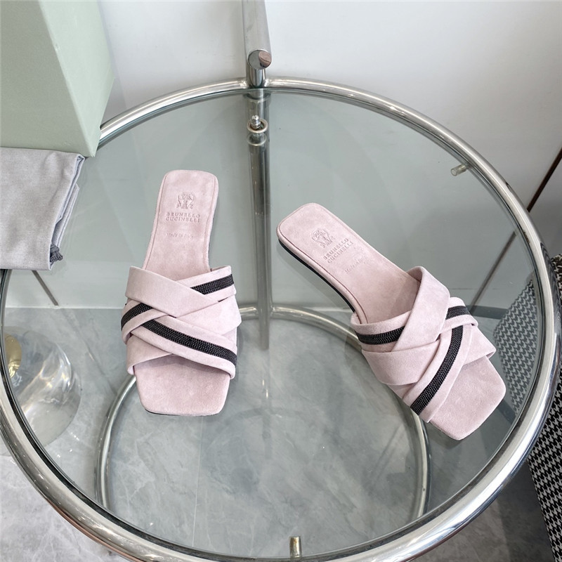 Brunello Cucinelli Beaded Crisscross Slides Neutral Suede