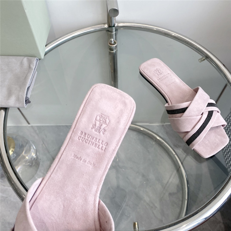 Brunello Cucinelli Beaded Crisscross Slides Neutral Suede