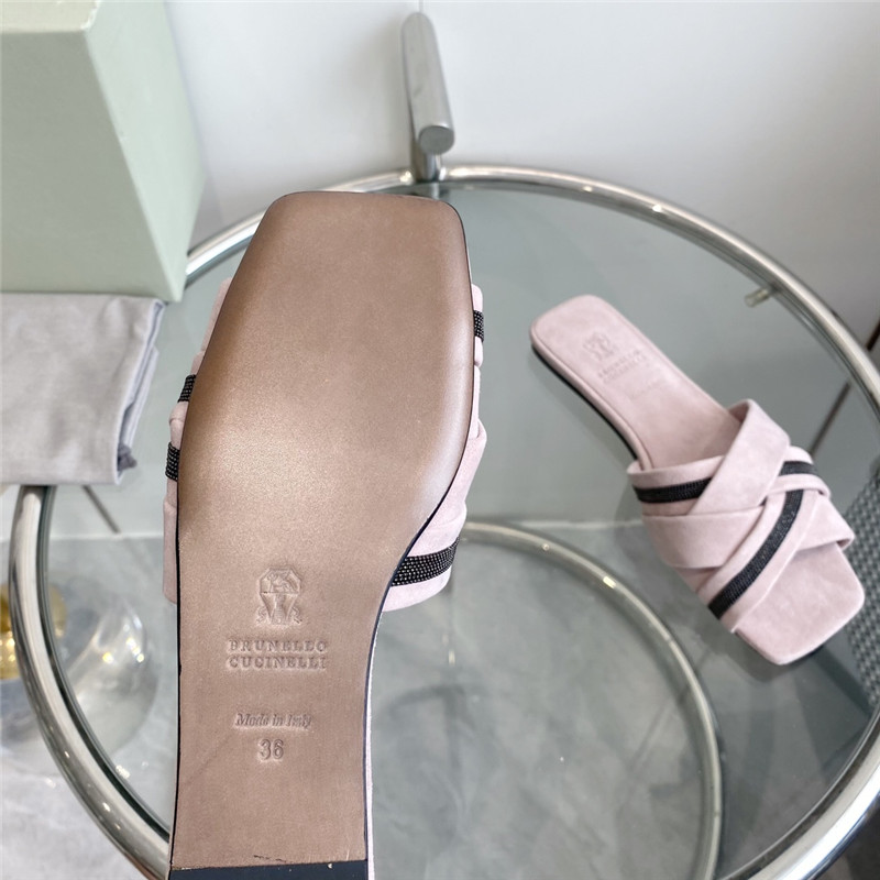 Brunello Cucinelli Beaded Crisscross Slides Neutral Suede