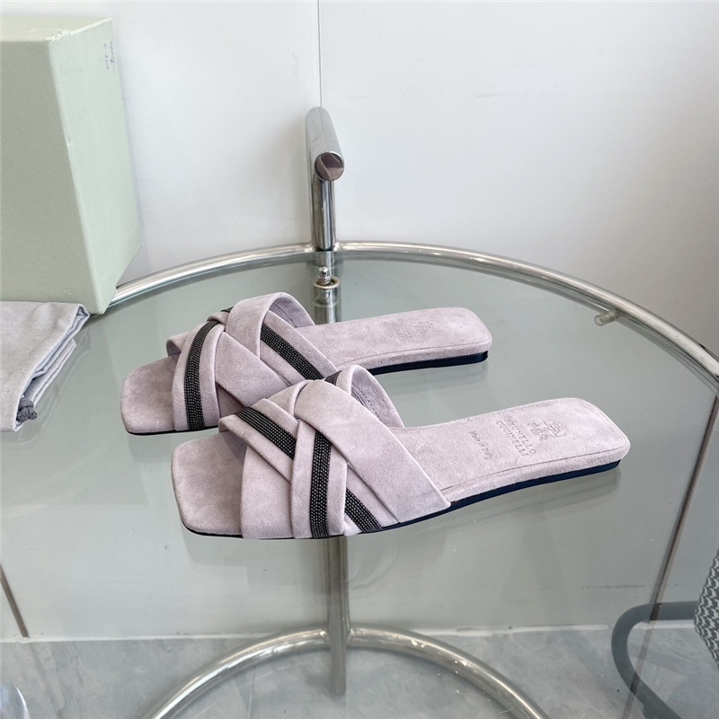 Brunello Cucinelli Beaded Crisscross Slides Pink Suede