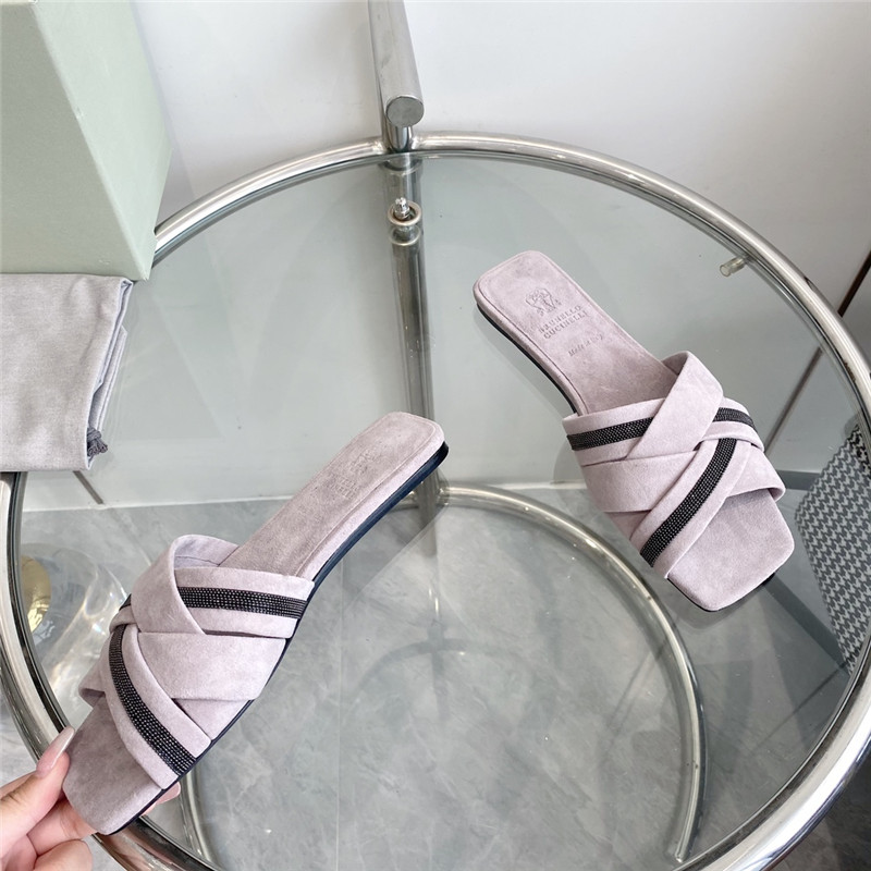 Brunello Cucinelli Beaded Crisscross Slides Pink Suede