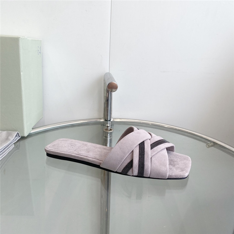 Brunello Cucinelli Beaded Crisscross Slides Pink Suede