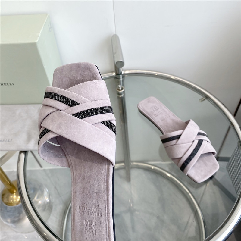 Brunello Cucinelli Beaded Crisscross Slides Pink Suede