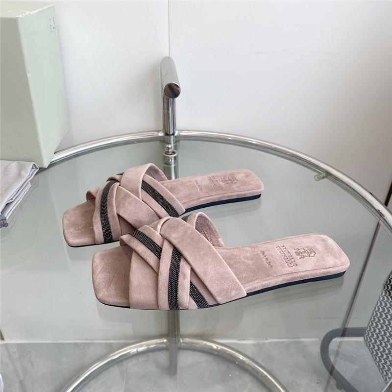 Brunello Cucinelli Beaded Crisscross Slides Beige Suede