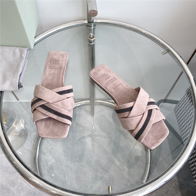 Brunello Cucinelli Beaded Crisscross Slides Beige Suede