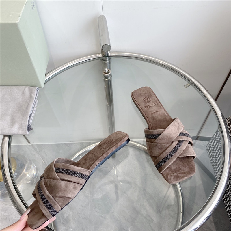 Brunello Cucinelli Beaded Crisscross Slides Brown Suede