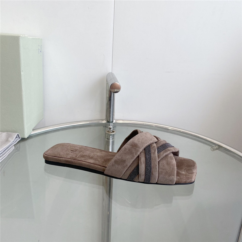 Brunello Cucinelli Beaded Crisscross Slides Brown Suede