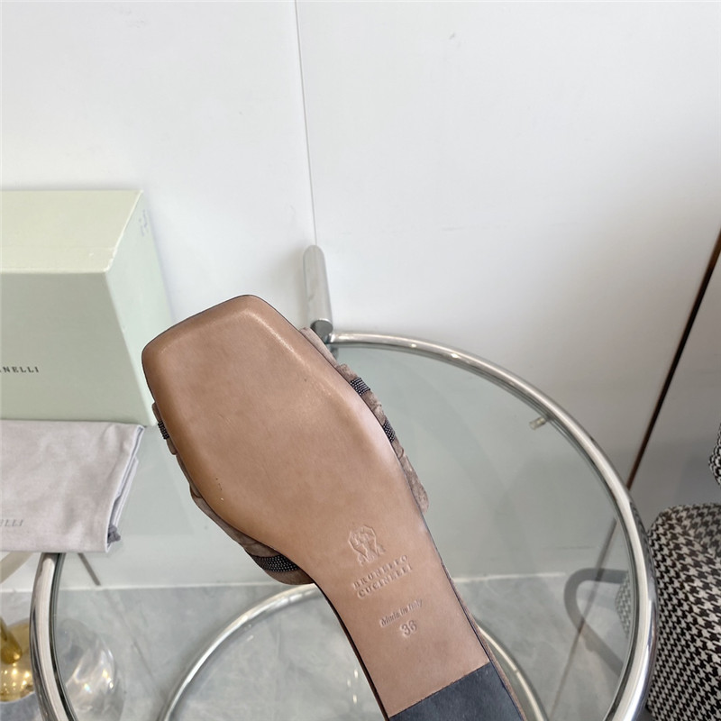 Brunello Cucinelli Beaded Crisscross Slides Brown Suede