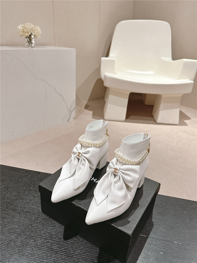 Ch**el white pointed toe bow pearl ankle boots