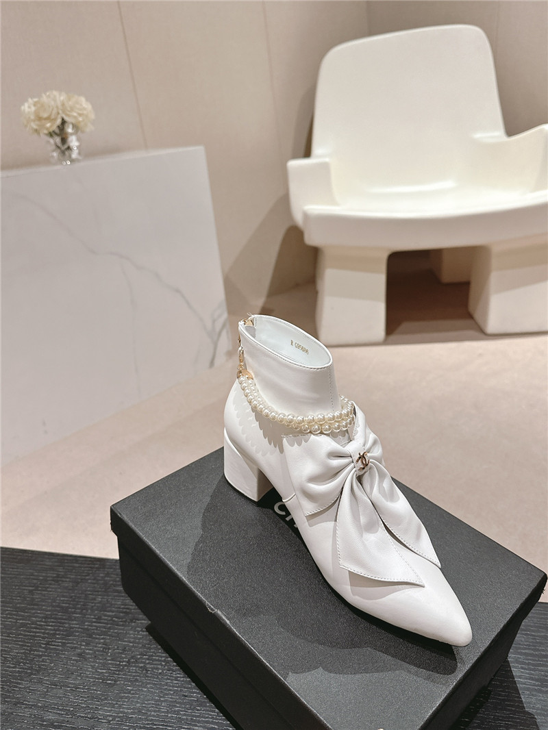 Ch**el white pointed toe bow pearl ankle boots