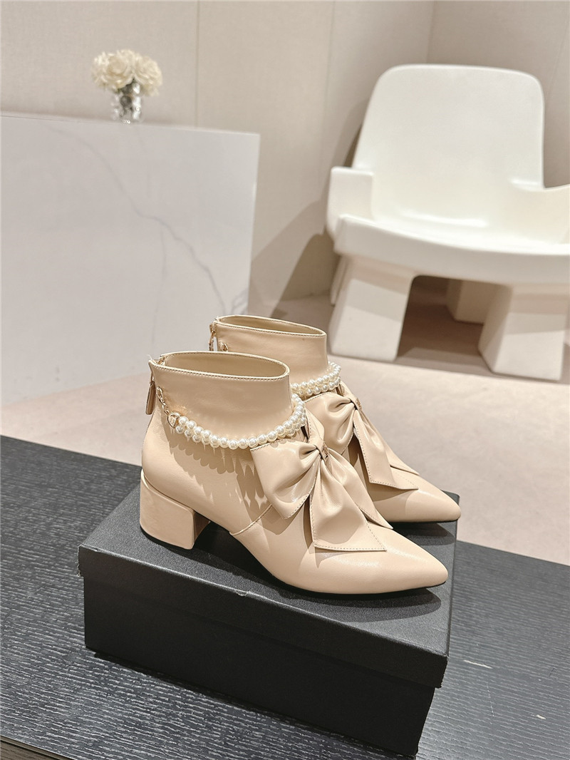 Ch**el beige pointed toe bow pearl ankle boots