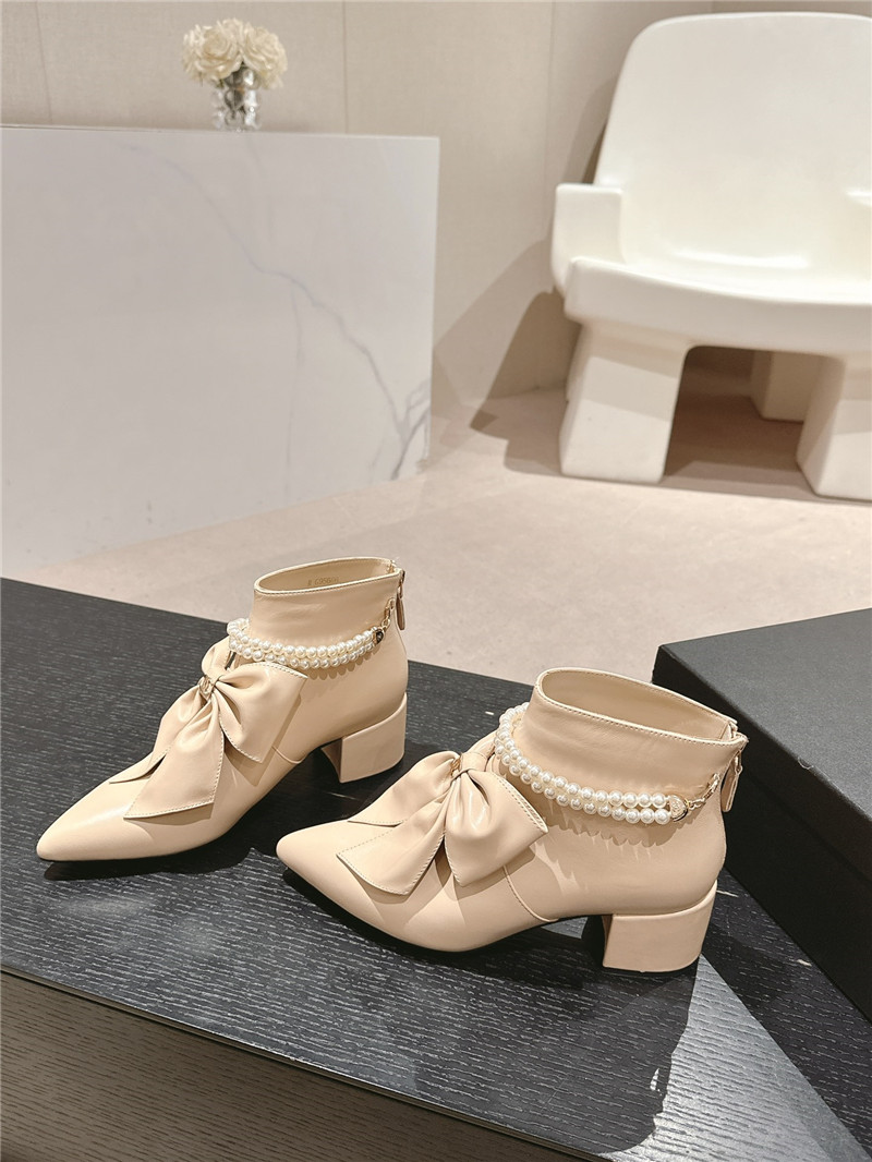 Ch**el beige pointed toe bow pearl ankle boots