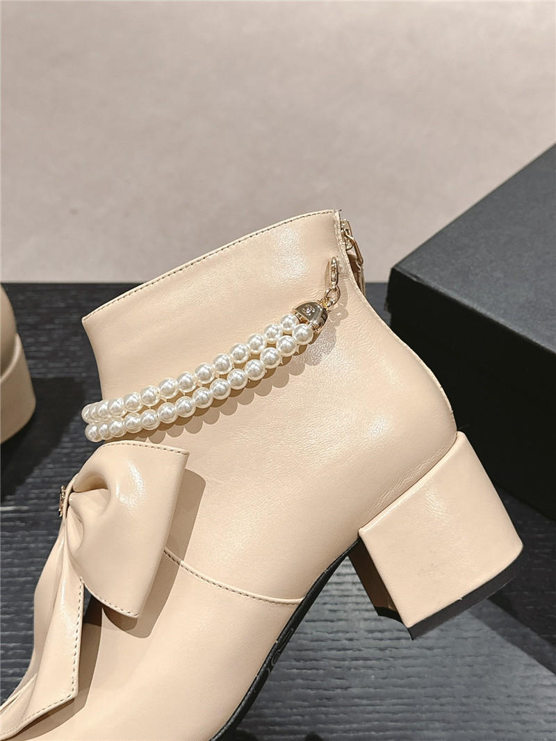 Ch**el beige pointed toe bow pearl ankle boots