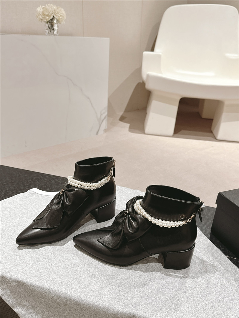 Ch**el white pointed toe bow pearl ankle boots
