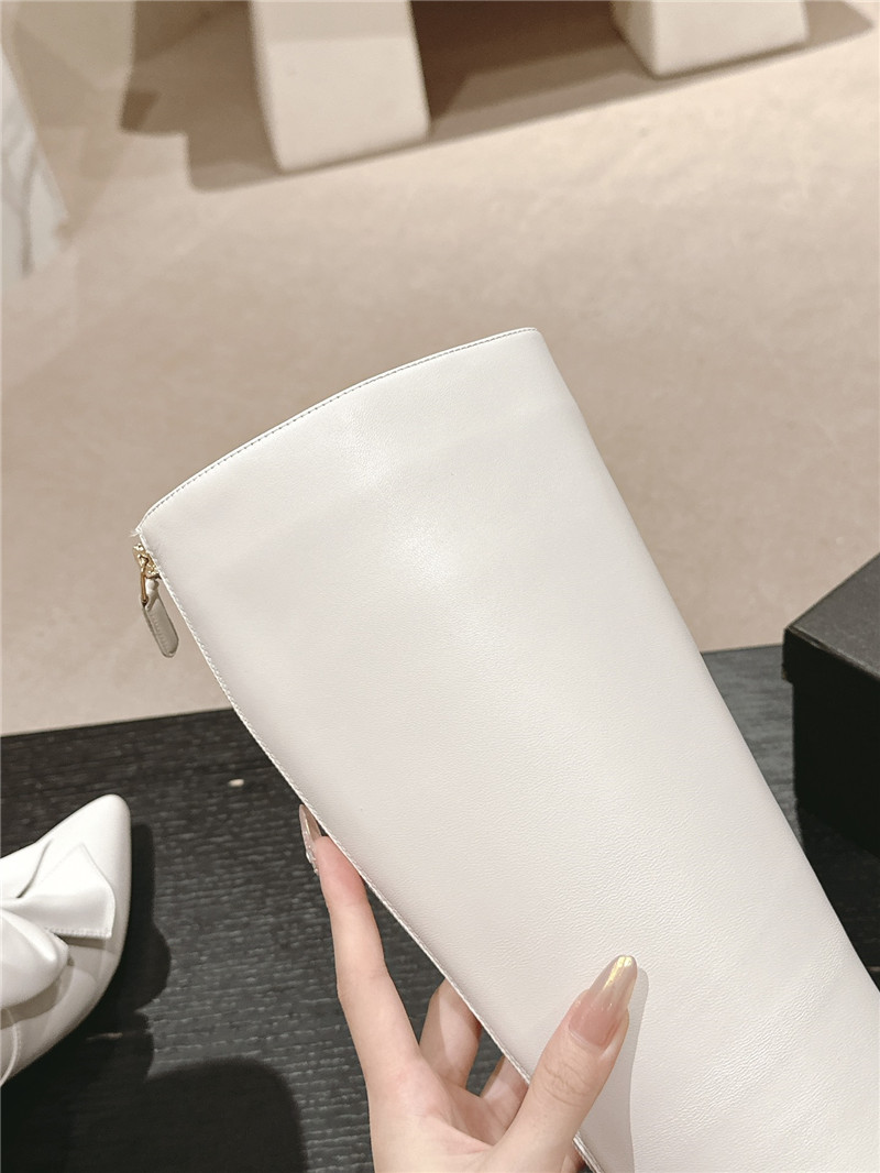 Ch**el white pointed toe bow pearl keen high boots