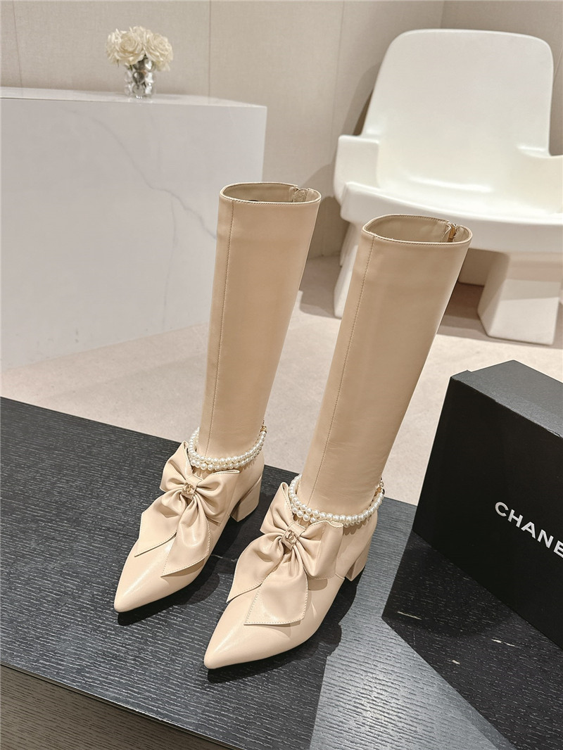 Ch**el beige pointed toe bow pearl keen high boots