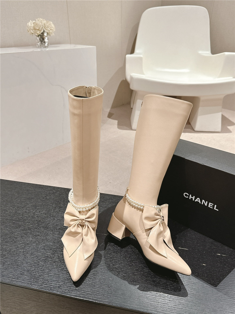 Ch**el beige pointed toe bow pearl keen high boots