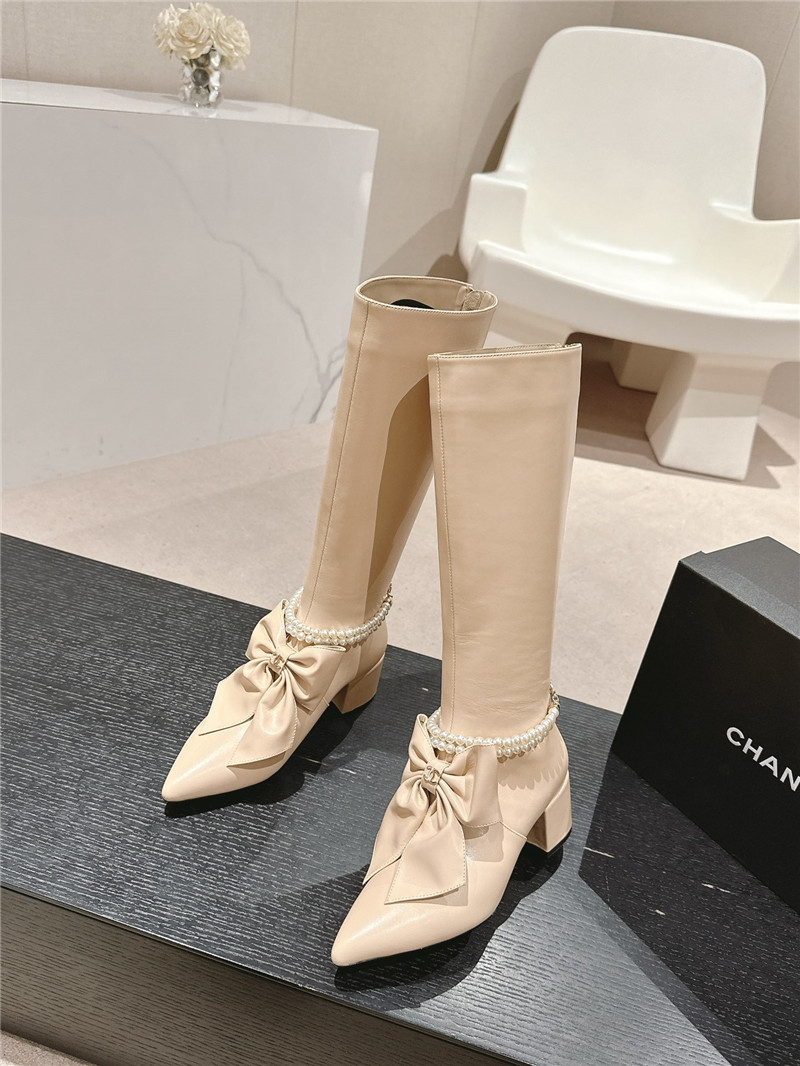 Ch**el beige pointed toe bow pearl keen high boots