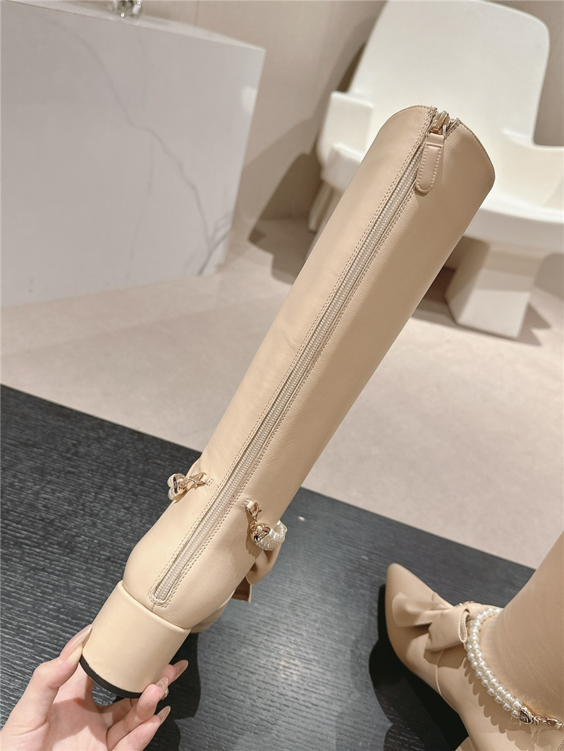 Ch**el beige pointed toe bow pearl keen high boots