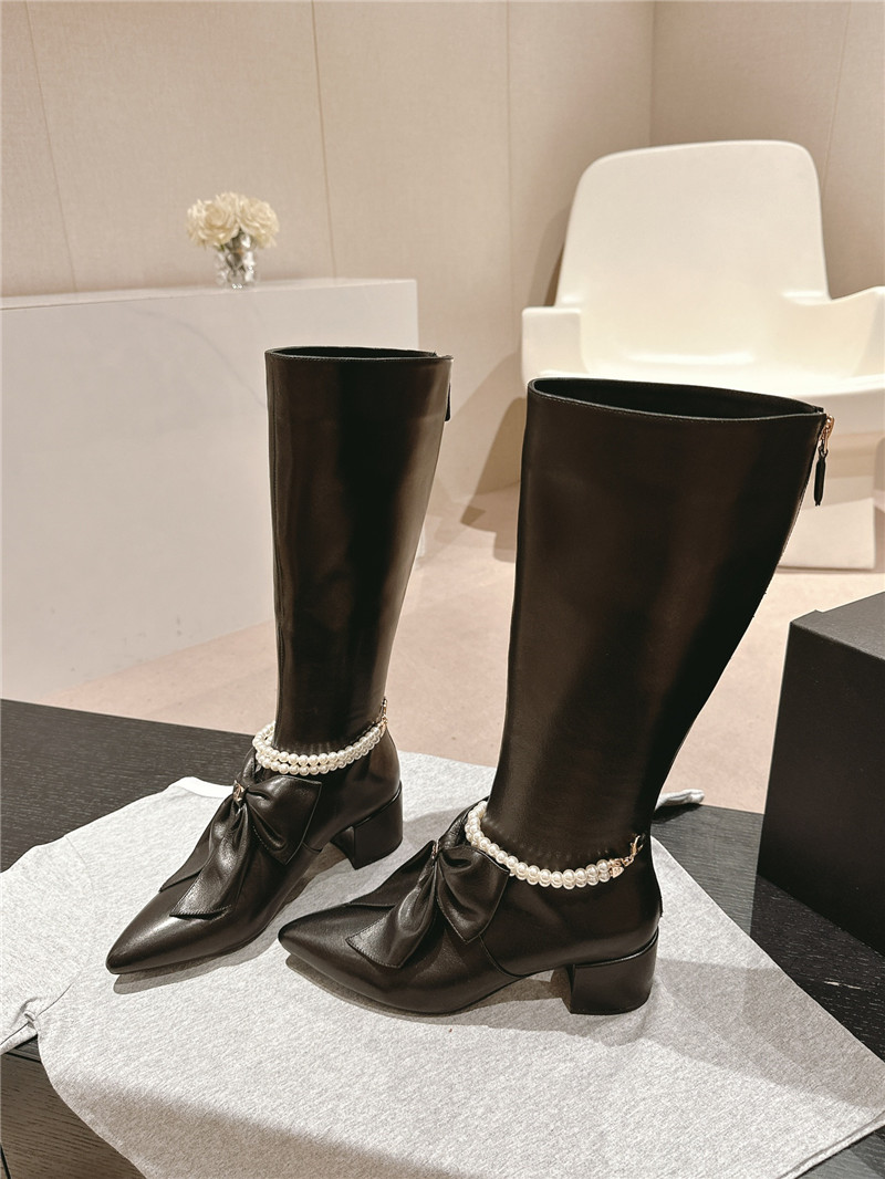 Ch**el pointed toe block heel bow pearl keen high boots