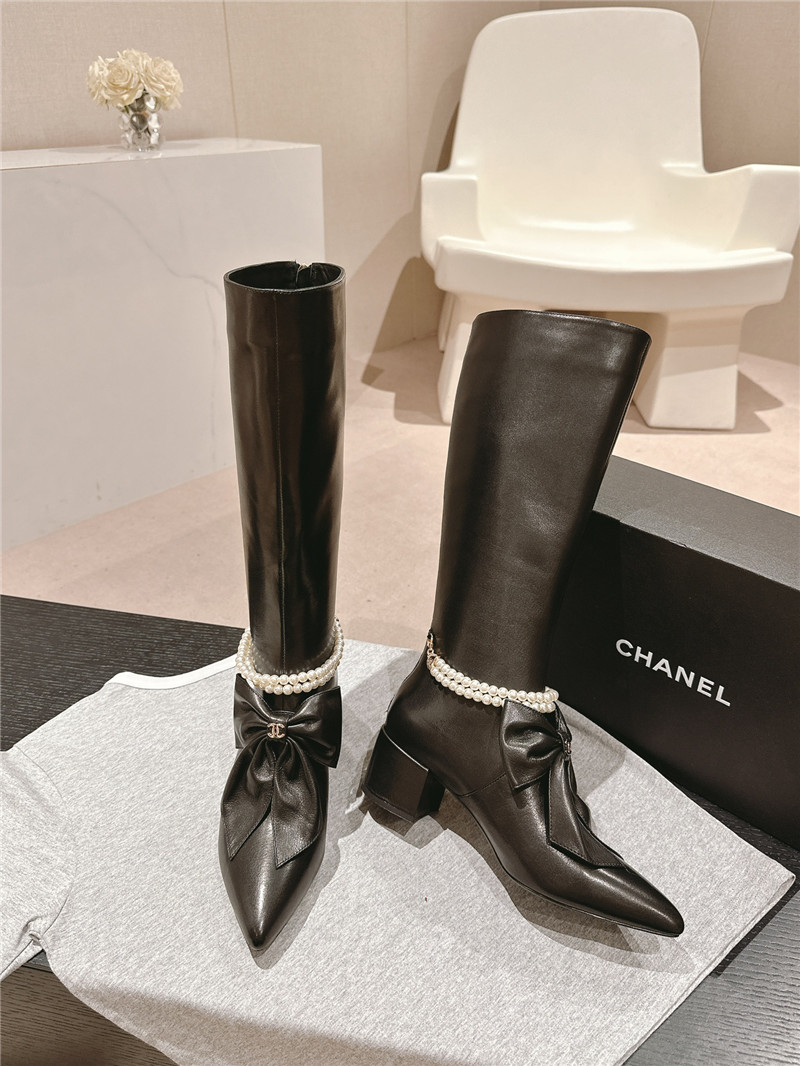 Ch**el pointed toe block heel bow pearl keen high boots