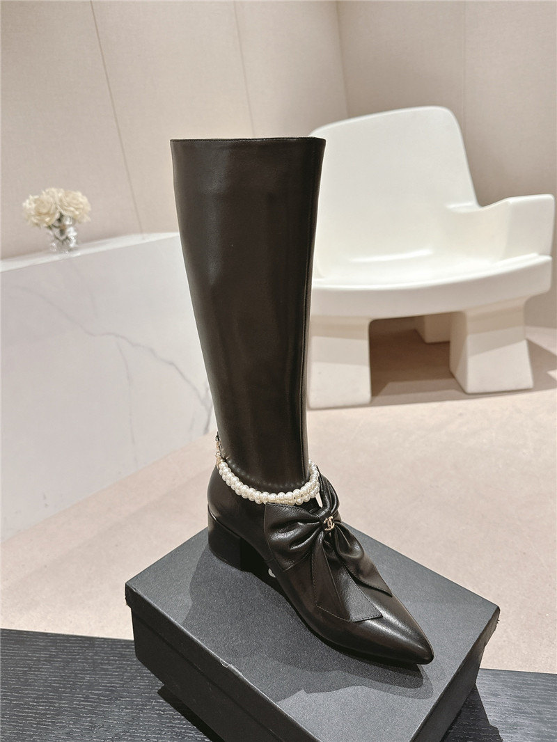 Ch**el pointed toe block heel bow pearl keen high boots