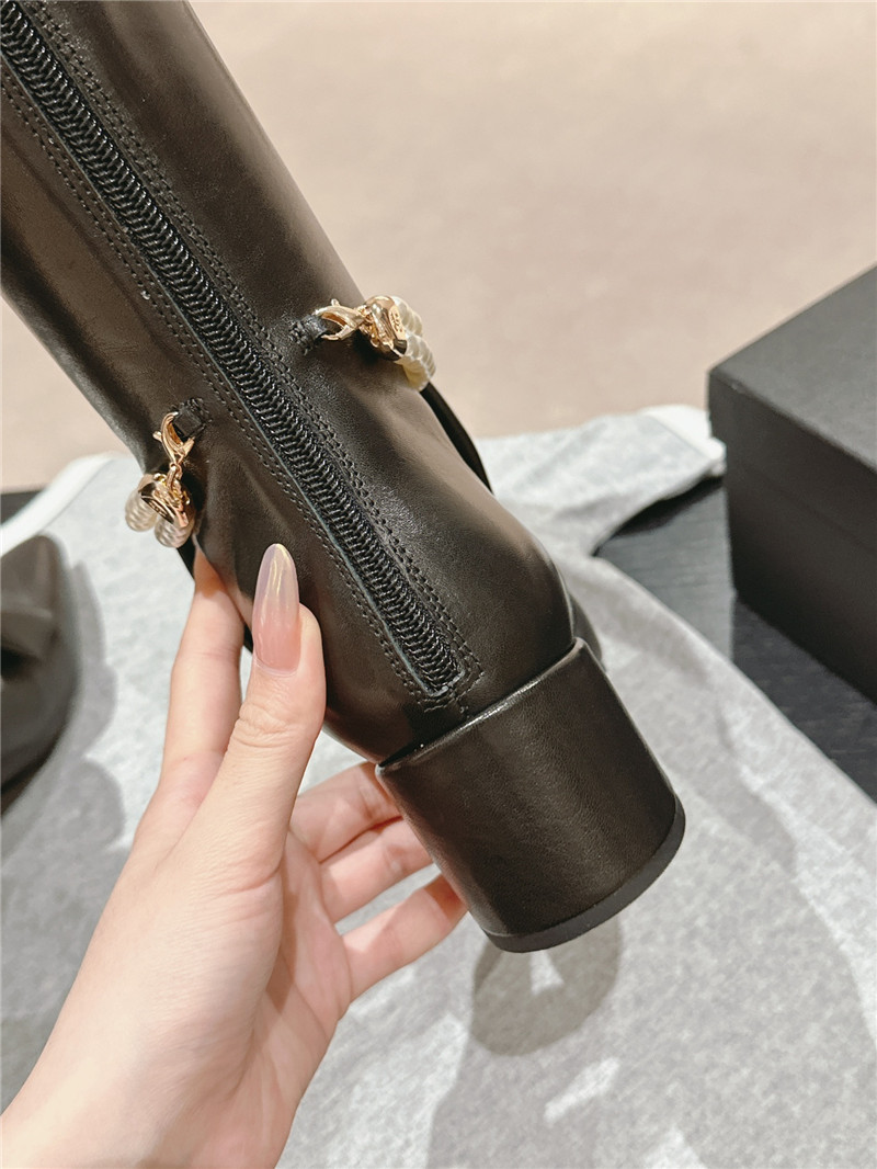 Ch**el pointed toe block heel bow pearl keen high boots