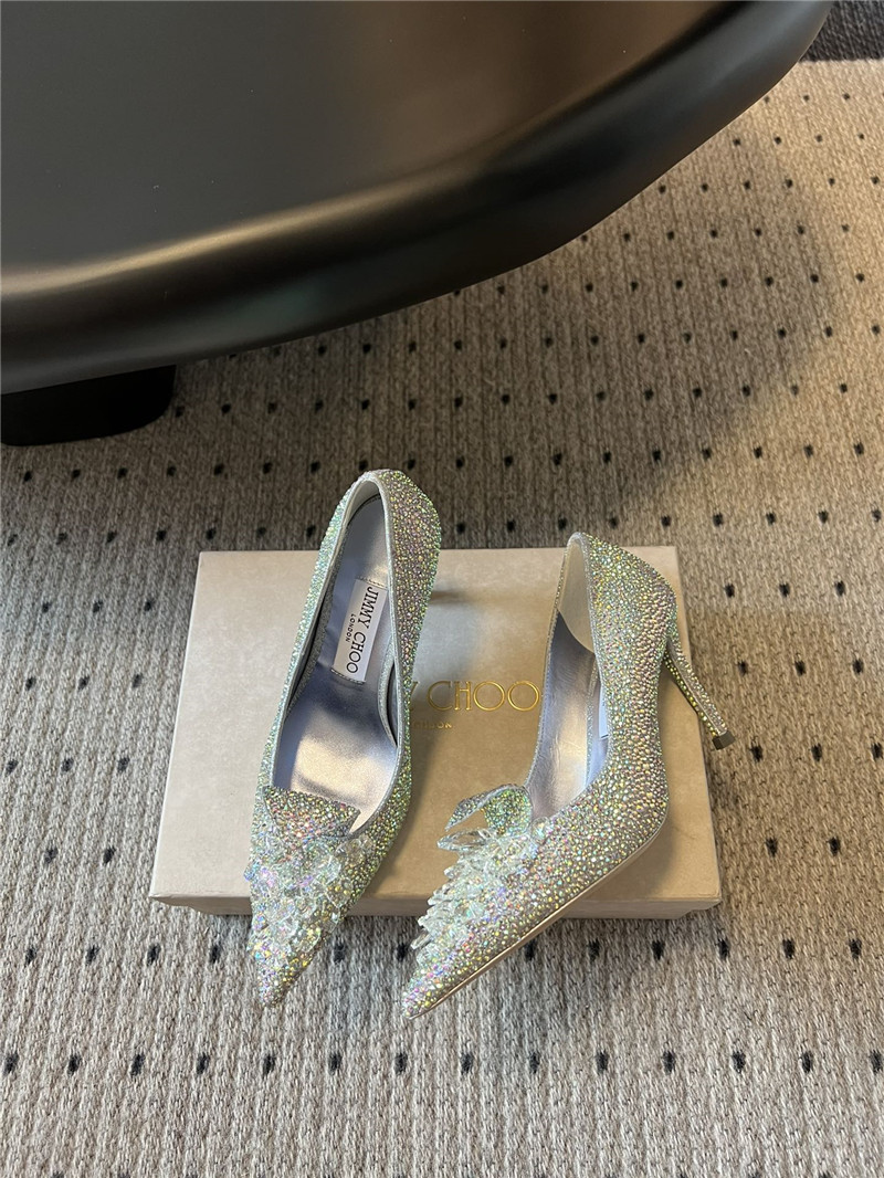 J1m*y Ch00 iridescent crystal pointed-toe pumps with he**ts