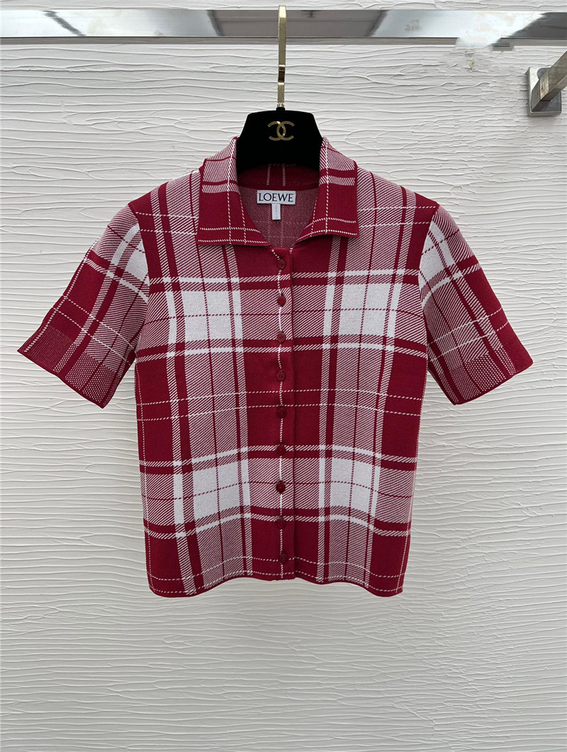 L0ew* red plaid short-sleeved top replica designer clothes