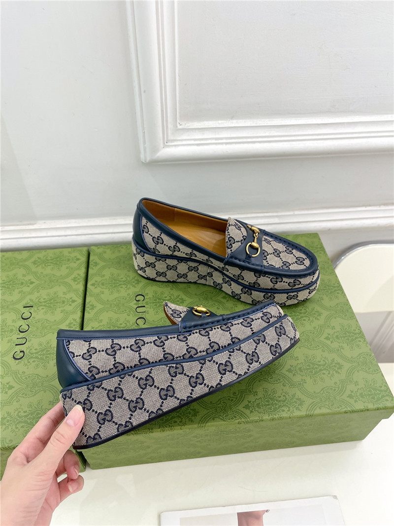 Gvc*1 horsebit wedge loafer in beige and blue gg canvas