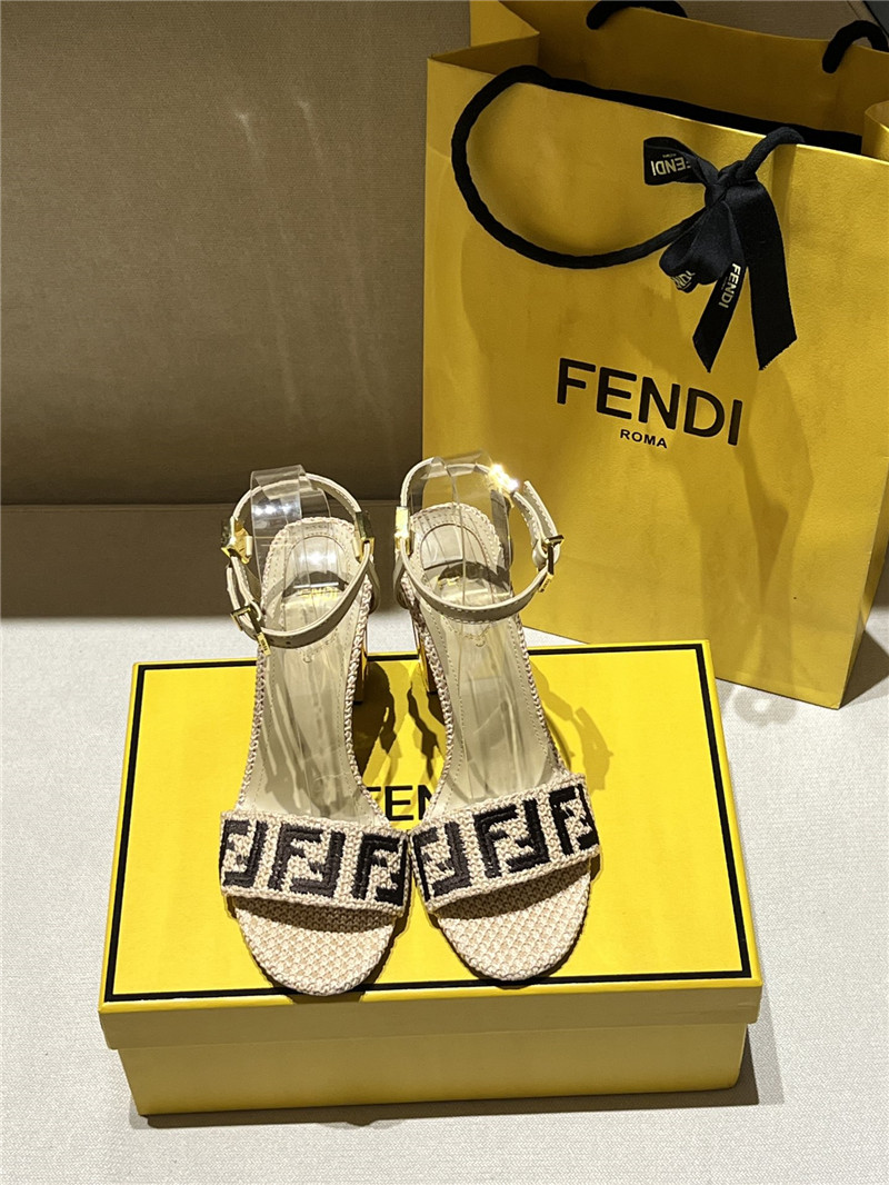 F**di delfina beige cotton fiber heel sandals