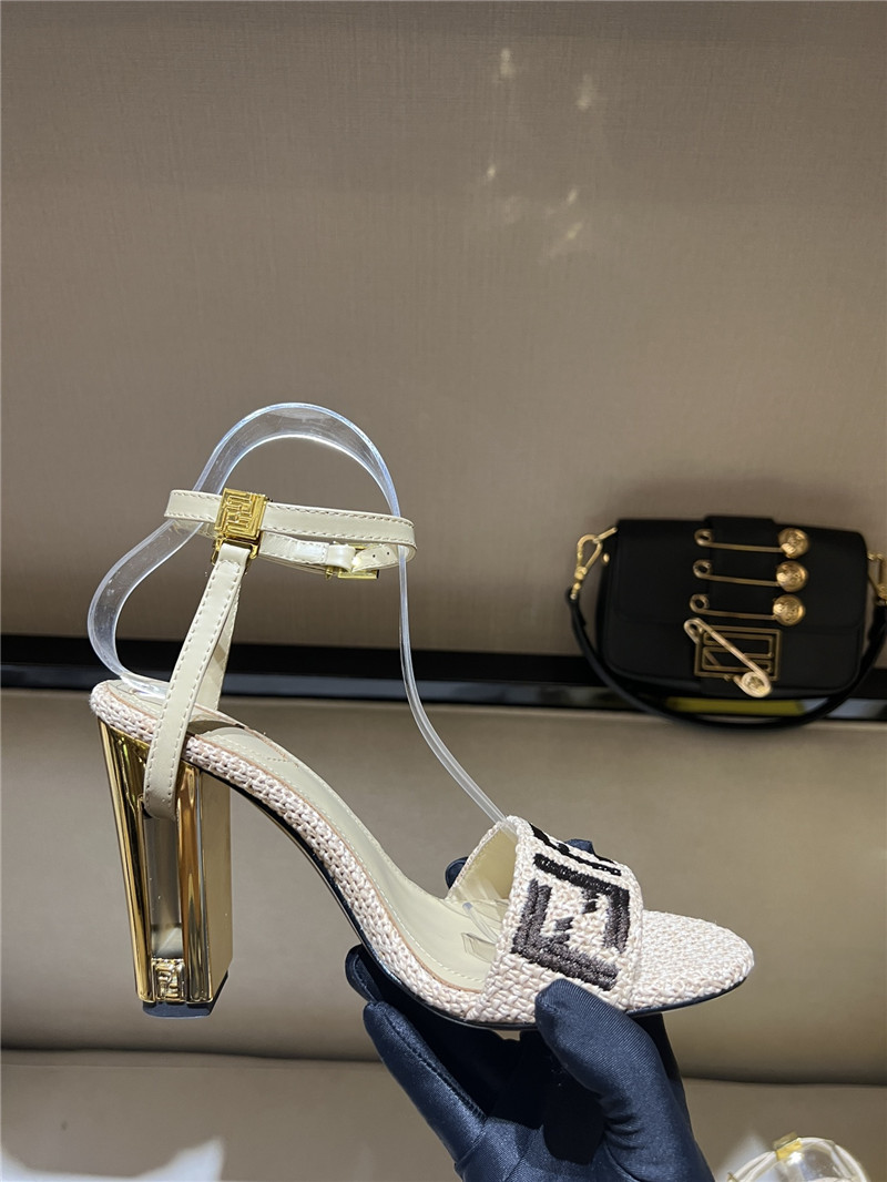 F**di delfina beige cotton fiber heel sandals