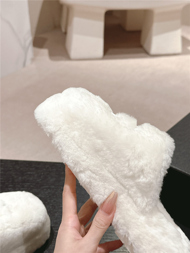 Ch**el embroidered white fur flat platform mules