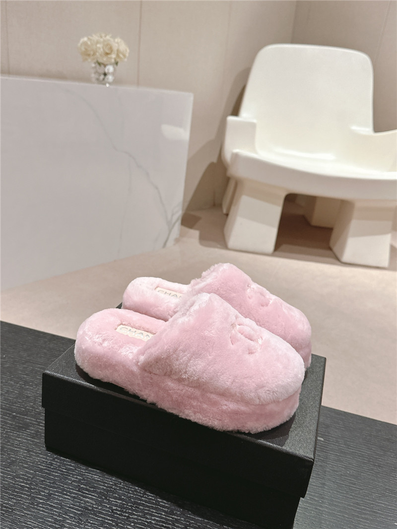Ch**el embroidered pink fur flat platform mules