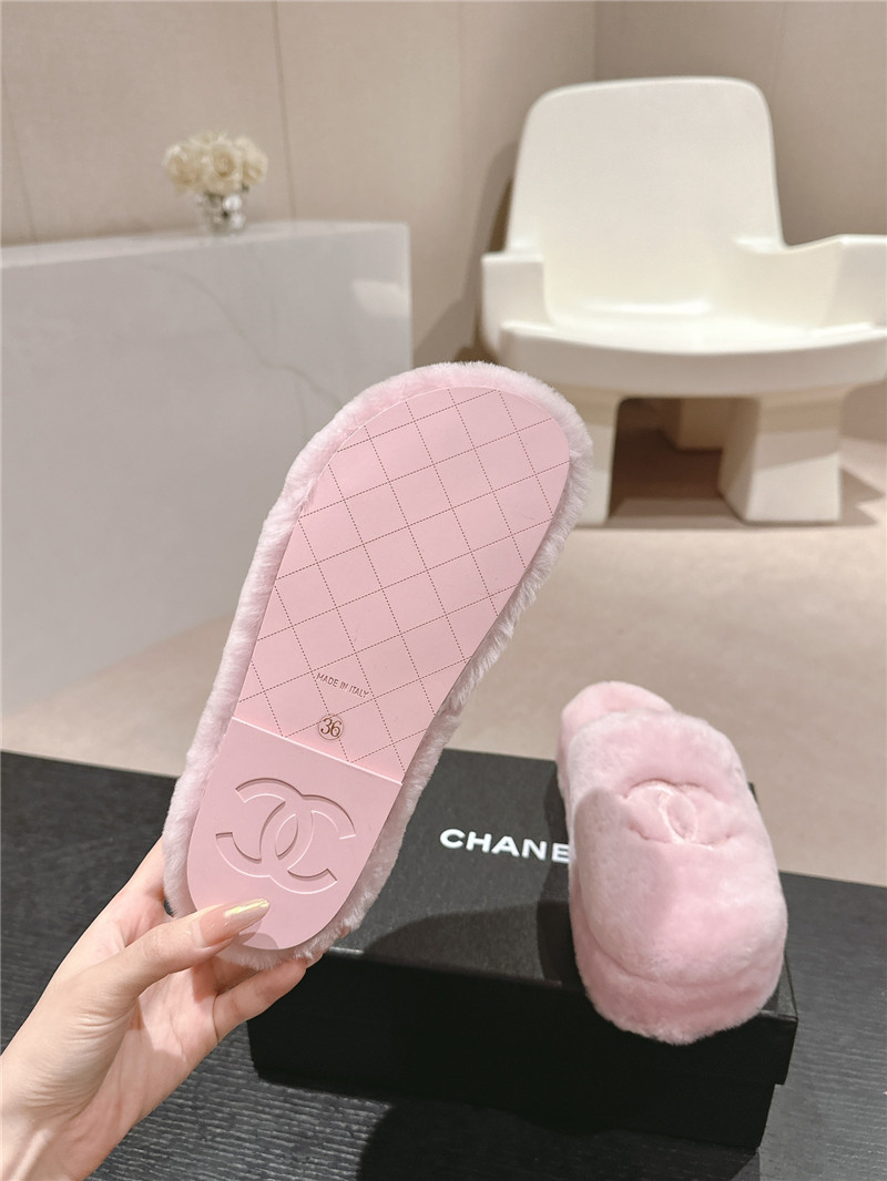 Ch**el embroidered pink fur flat platform mules