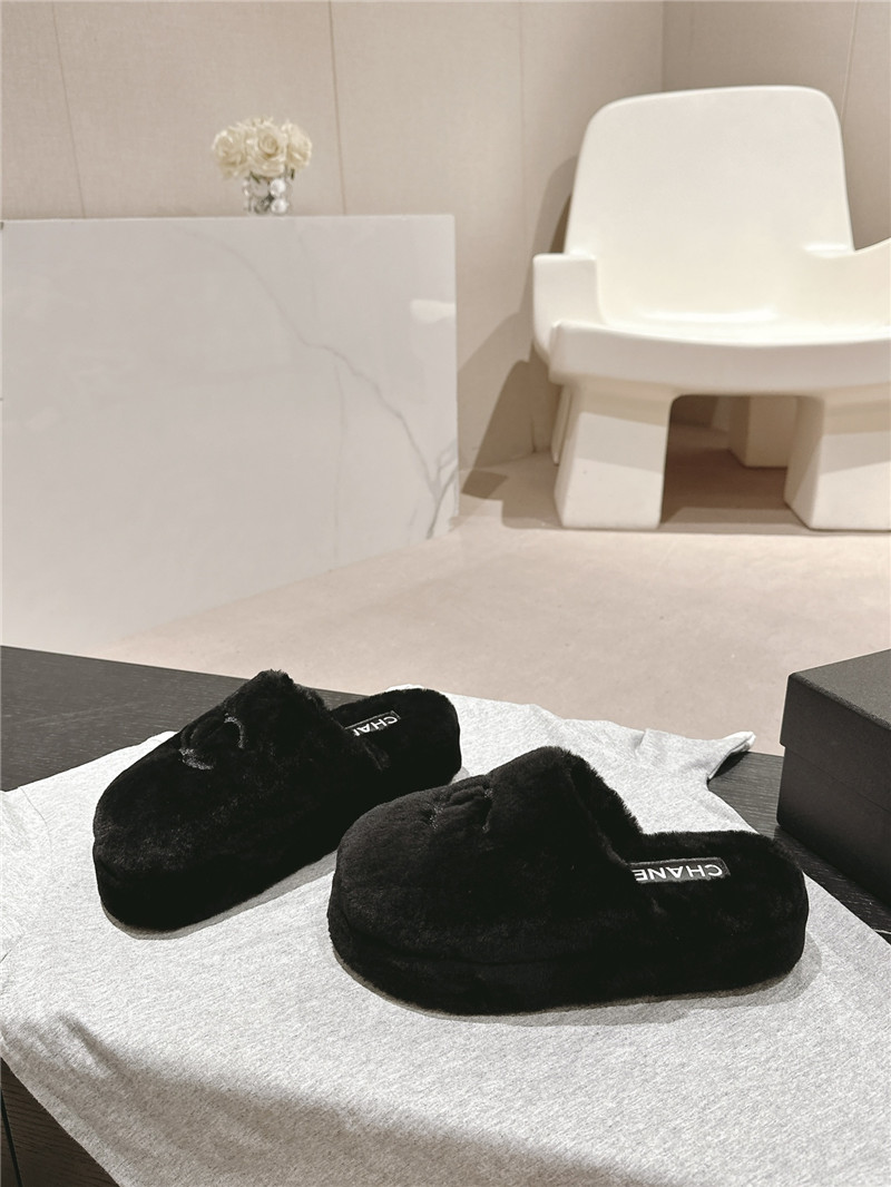 Ch**el embroidered black fur flat platform mules