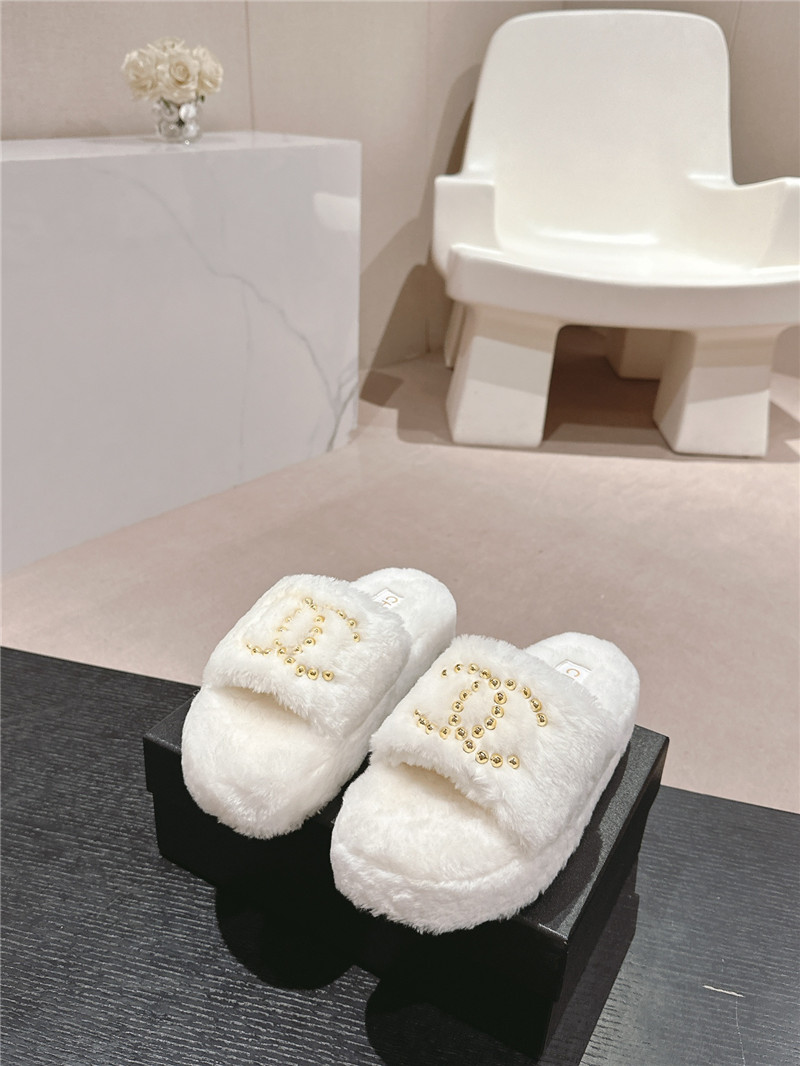 Ch**el beading flat platform mules white fur