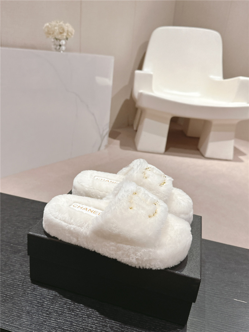 Ch**el beading flat platform mules white fur