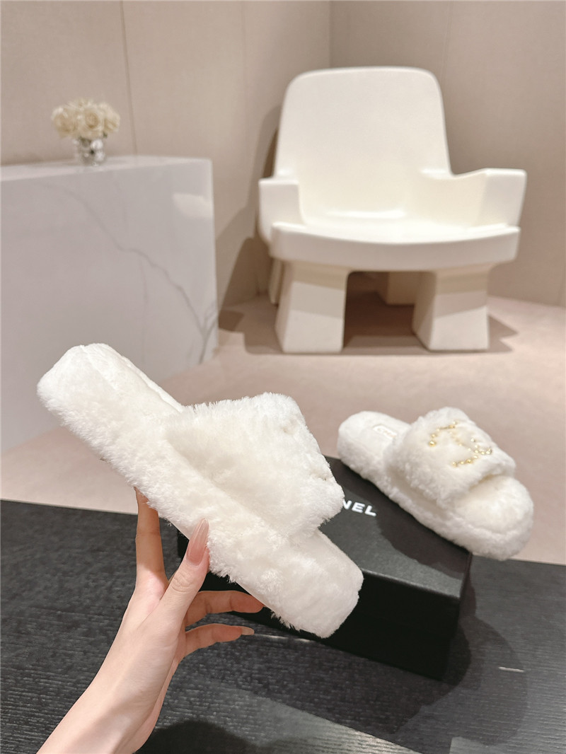 Ch**el beading flat platform mules white fur