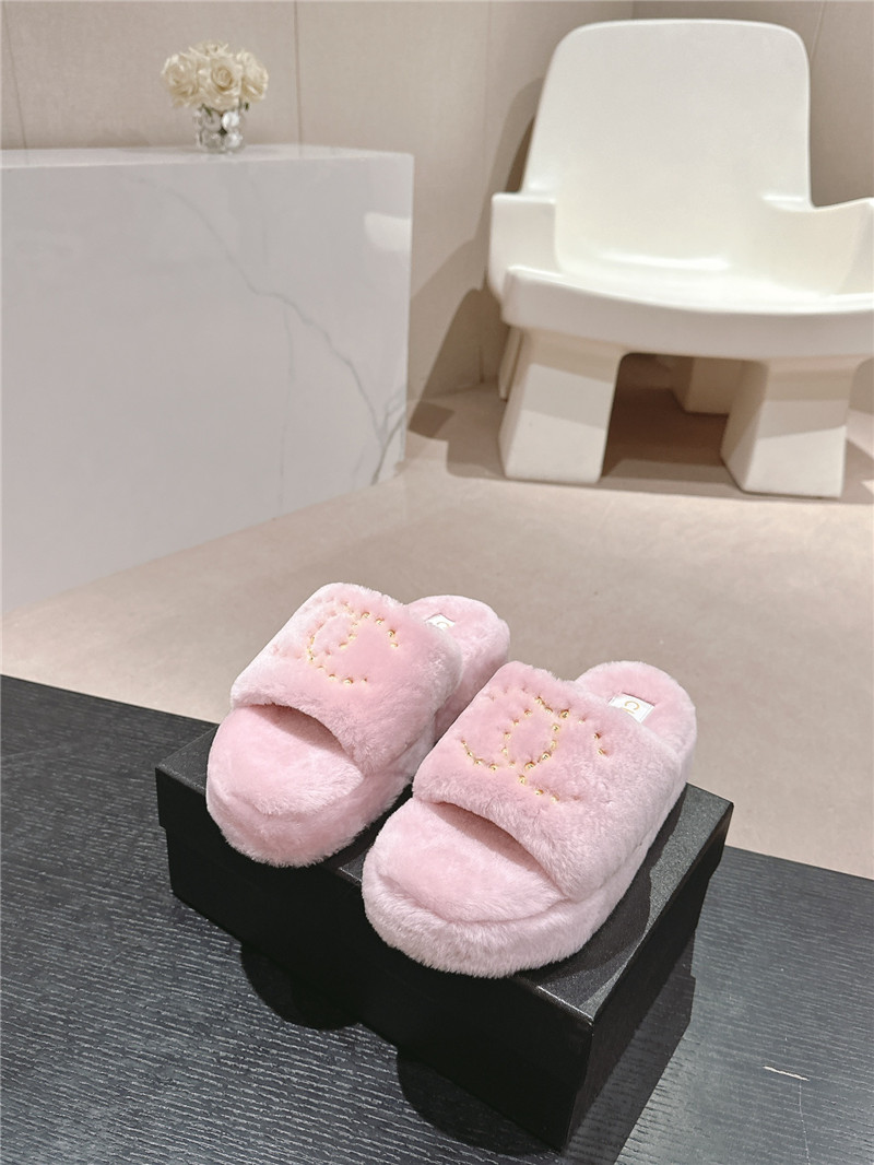 Ch**el beading flat platform mules pink fur