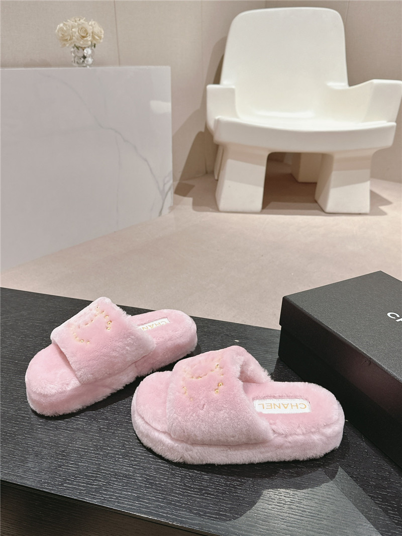 Ch**el beading flat platform mules pink fur